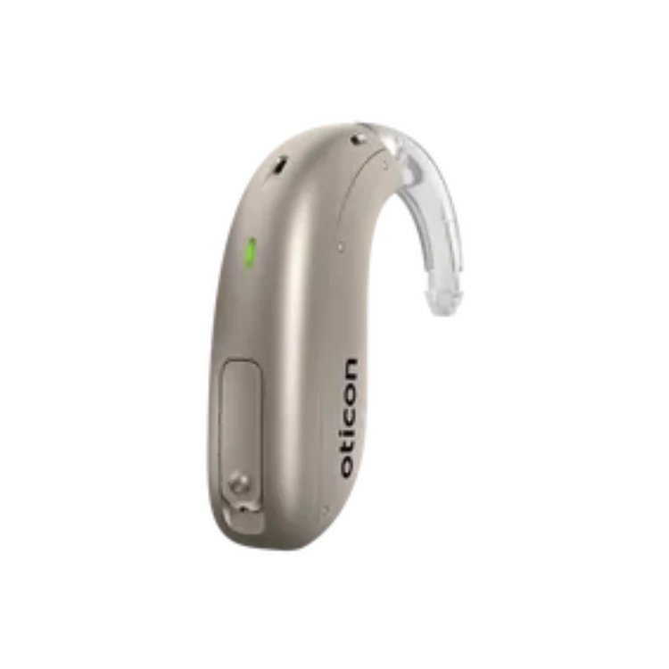 Behind the ear Oticon hearing aid with clear ear hook